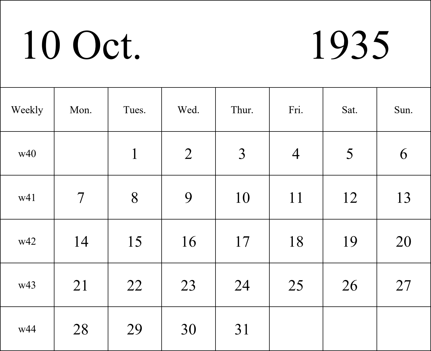 日历表1935年日历 英文版 纵向排版 周一开始 带周数